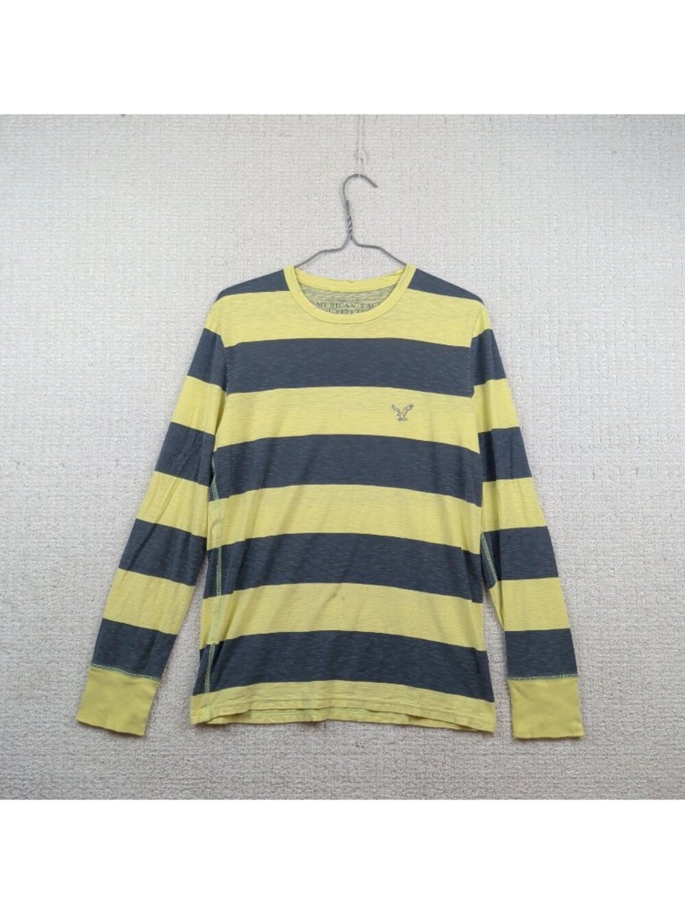 Y2K American Eagle Neon Green Striped Athletic Fit Long Sleeve T-Shirt Men XS